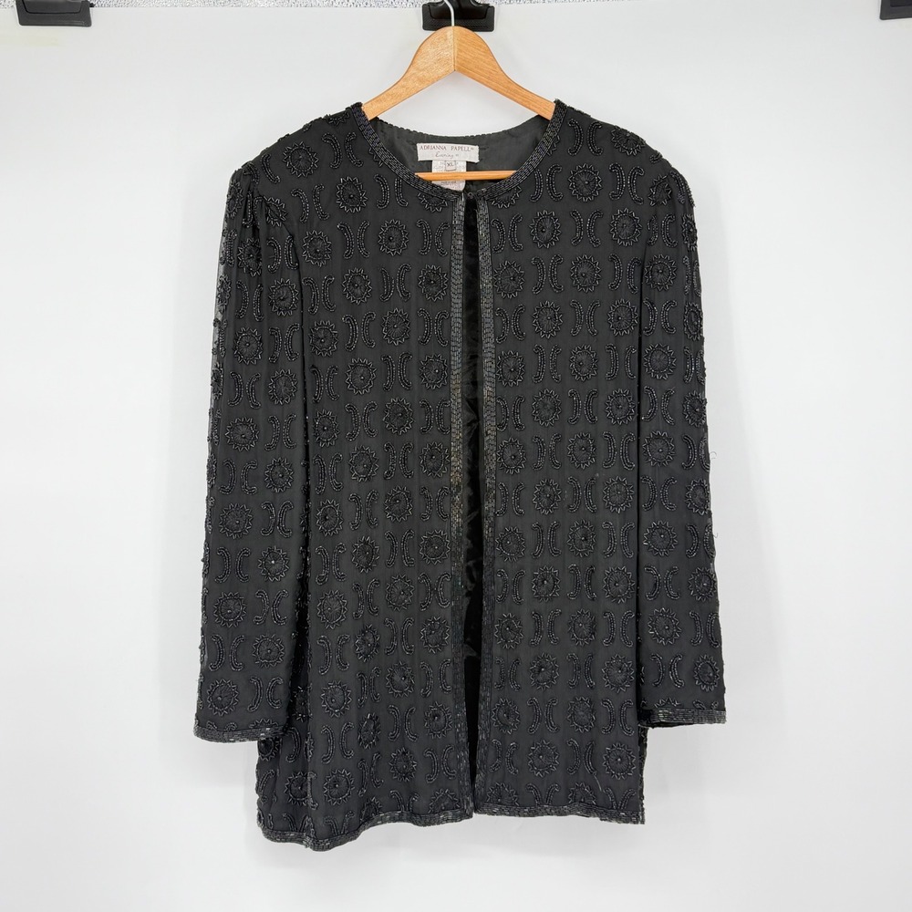 Adrianna Papell Black Beaded Open Front Jacket XL Vintage Moon Star Celestial